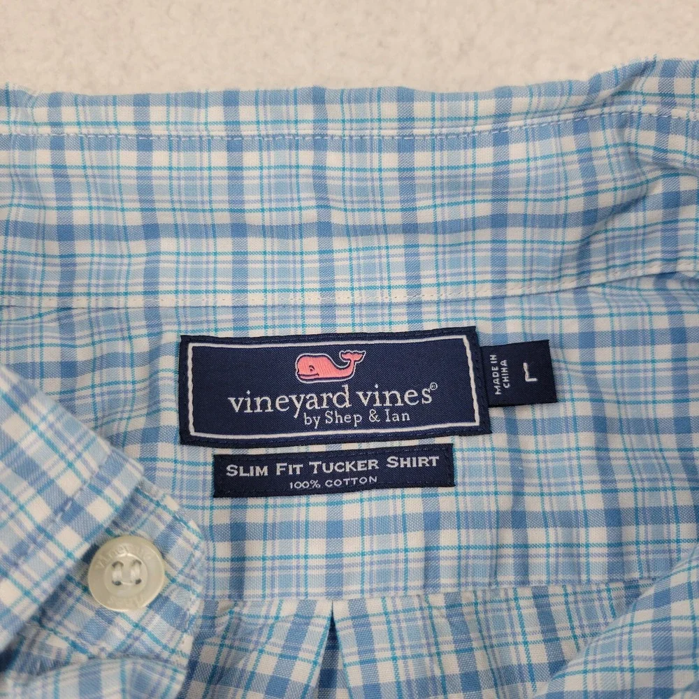 Vineyard Vines Slim Fit Tucker Shirt Mens Large L Slim Fit Blue White Plaid Cott - Picture 6 of 7